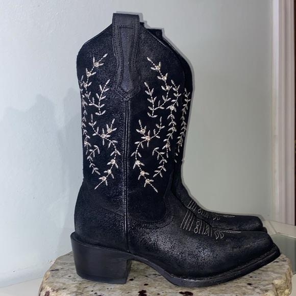 J.B. Dillon Black Leather Embroidered Rhinestone Snip Toe Western Boots 5.5 B - Picture 7 of 15